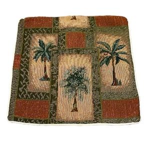 Brown green tropical embroidered palm tree print pillow case cover 17x17”